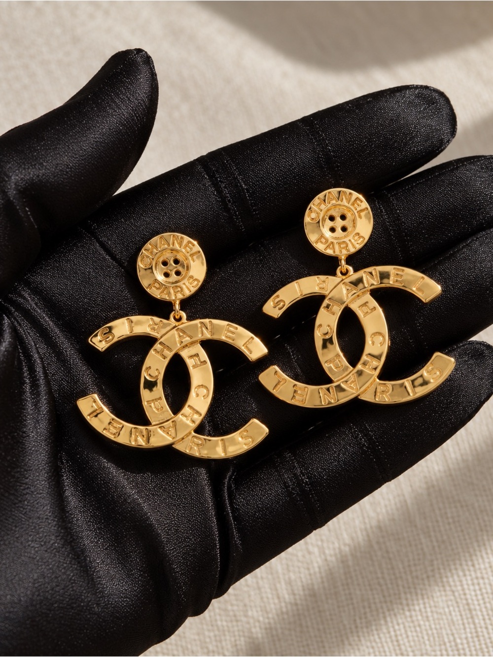 CHANEL Paris Button Metal Large CC Drop Earrings Gold Tone Oversized